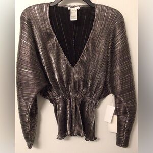 NWT Good American Plisse Deep V Neck Dolman Long Sleeve Top Metallic XXS/XS